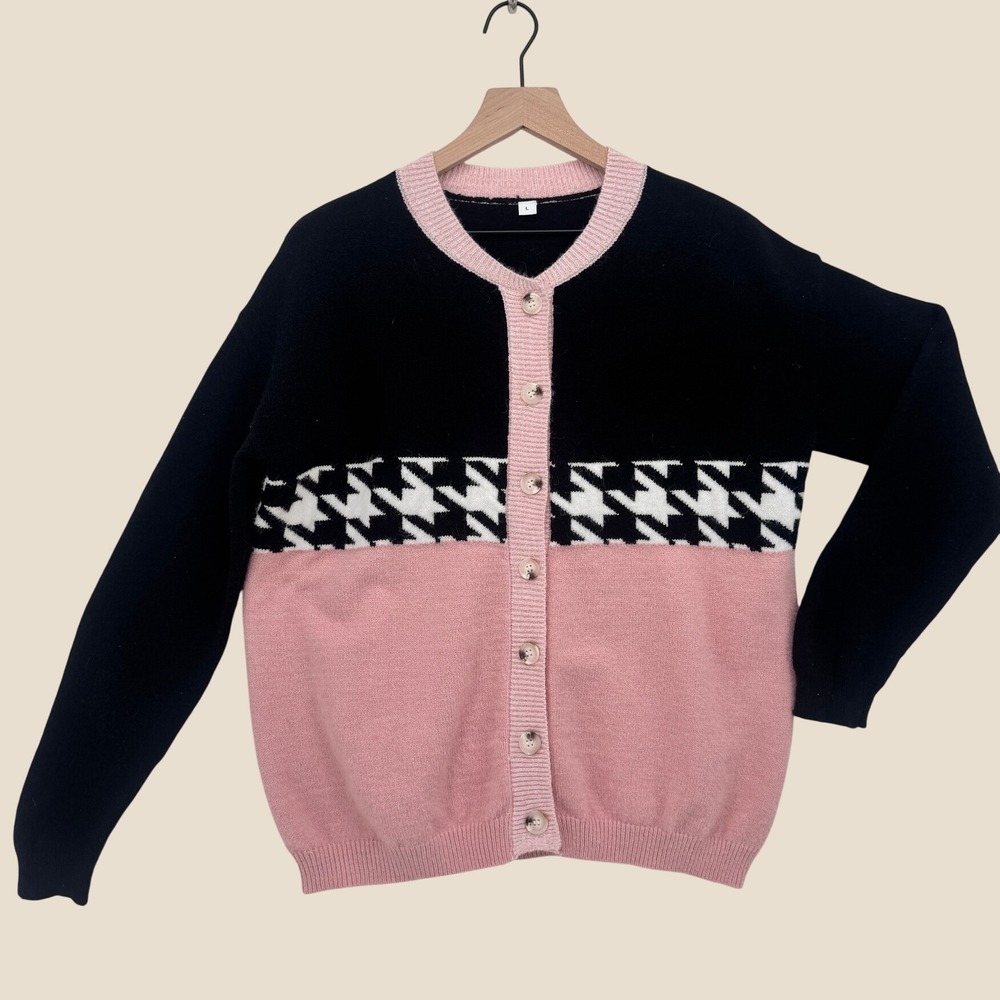 Houndstooth Colorblock Pink & Black Knit Button Front Cardigan Size L
